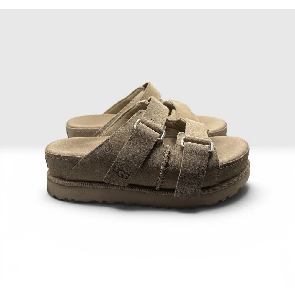 Ugg Women's Goldenstar Hi Slide Sandals Sz 8 Sand Suede Duel Adj Strap -1965 - Picture 3 of 7